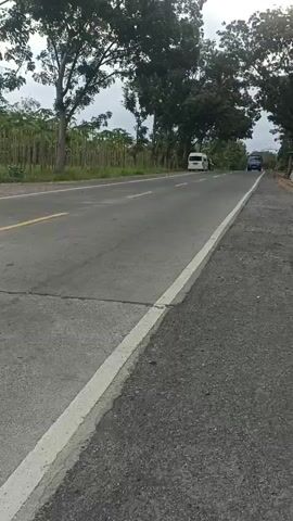 The video is a static shot of a two-lane asphalt road bordered by vegetation and trees. In the distance, two vehicles, a white van and a blue truck, are traveling away from the camera. The sky is overcast. The road has a broken yellow line down the center and a solid white line along the right edge.