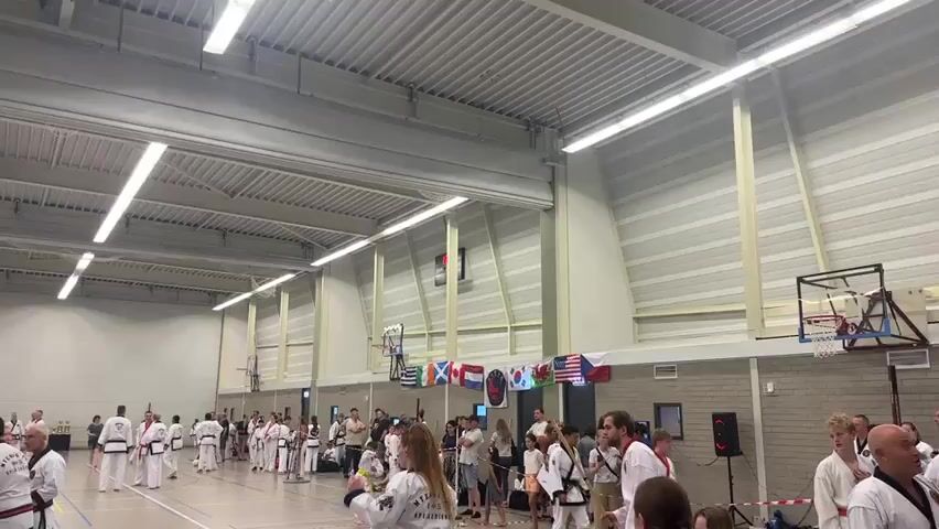 The video shows an indoor gymnasium with a high ceiling and fluorescent lighting. The floor is marked for sports, likely basketball or volleyball. A large crowd of people, many dressed in white martial arts uniforms with black belts, are gathered. Some are standing in groups, while others are moving around. In the background, there are several flags displayed, including the flags of the United States, Canada, and other countries. There are also several large gold balloons shaped like numbers, specifically a "3" and a "6", floating in the air, suggesting a celebration or anniversary. Some people are holding what appear to be martial arts weapons, possibly staffs. The atmosphere seems to be that of a martial arts event or competition.
