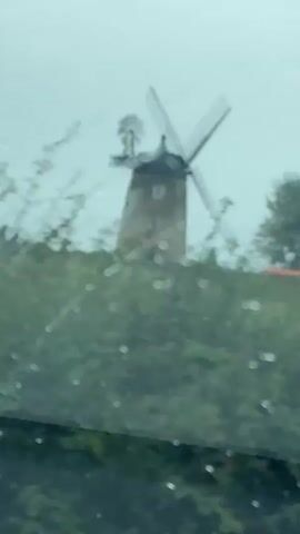 The video, shot from inside a moving vehicle, begins with a blurred view of a traditional windmill with sails, partially obscured by green foliage and water droplets on the window. The camera quickly pans right, showing a blurred green landscape of trees and bushes. A narrow road or path becomes visible, leading towards a red object, possibly a vehicle or structure, partially hidden by trees in the distance. The view continues to move past more dense green foliage, maintaining a rapid, blurry motion.