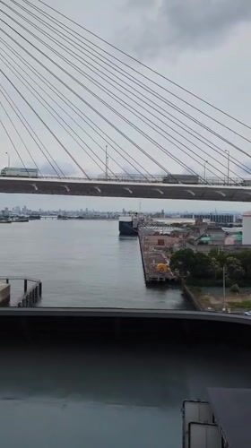 Tokai port: cable-stayed bridge and massive car export yard