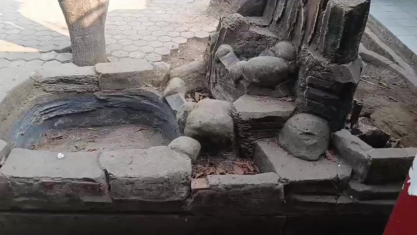 The video pans across a decorative, dry pond feature. The pond is constructed from rough stone and bricks, with a dark, possibly tar-lined basin. A sculptural element resembling a faux tree trunk with carved bird-like figures sits to the right of the pond. Rocks and debris are scattered around the feature. The ground surrounding the pond appears to be a paved walkway with a tree trunk visible to the left. Sunlight illuminates the scene.