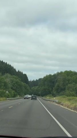 The video shows a highway with several cars driving. The highway is surrounded by trees on both sides, and there are clouds in the sky. The cars are driving in the same direction, and the camera is focused on the road ahead. The video is shot from the perspective of someone in a car, looking out the windshield. The day appears to be overcast and the road surface is wet, suggesting recent rain.