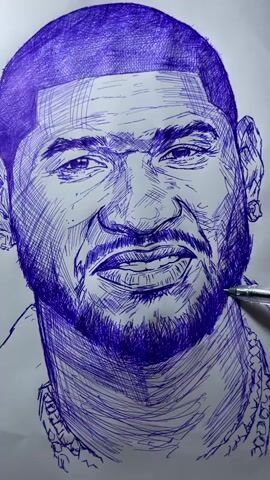 This is a close-up, eye-level, medium shot video of a pen-and-ink drawing of a man. The man is depicted from the chest up, with his head turned slightly to his right. He has short, dark hair and a full beard. His eyes are looking directly at the viewer, and he has a slight smile on his face. He is wearing a thick chain necklace.

The drawing is rendered in blue ink on a white surface, likely paper. The artist uses a cross-hatching technique to create shading and form, giving the portrait a textured and dynamic appearance. A pen, also blue, is visible in the lower right corner of the frame, actively being used by the artist to add detail to the drawing, specifically to the man's beard.

The facial expression of the subject conveys a sense of confidence and perhaps a hint of intensity. The details of the drawing, such as the shading on the skin and the texture of the beard and hair, suggest that the artist is skilled in capturing likeness and form. The chain necklace is also rendered with detail, indicating it is a significant accessory.

The location context of Jos, Nigeria, provides a geographical setting for the creation of this artwork. No specific time of day or weather conditions can be inferred from the image itself. There is no visible text in the video.