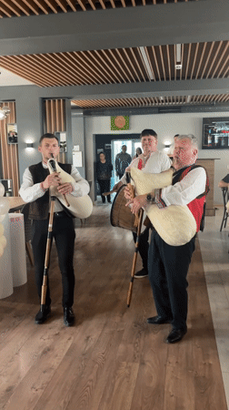 Traditional musicians perform at restaurant celebration in Karlovo, Bulgaria