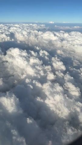 The video is an aerial view from an airplane looking down at a vast expanse of clouds. The clouds are white and puffy, with shadows indicating depth and texture. Sunlight illuminates the tops of the clouds, creating a bright, airy atmosphere. The sky above is a clear, vibrant blue. The perspective is slightly tilted, suggesting the plane is in motion. No people or objects are visible within the cloudscape.
