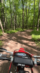 Dirt bike rider travels forest trail in Vasilyevo
