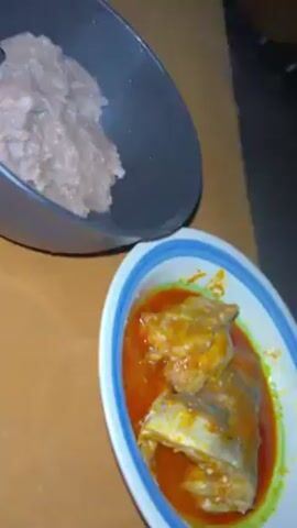 Here's a concise description of the video:

The video shows two bowls of food on a brown surface. One bowl is black and contains a greyish-pink, lumpy substance. The other bowl is white with a blue rim, and it contains pieces of fish in a reddish-orange sauce. The camera focuses on the fish, showing the texture of the fish and the sauce.