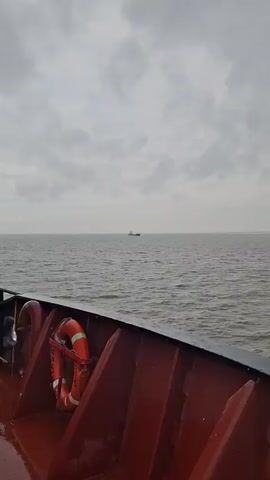 The view from a moving boat on a body of water shows a cloudy sky. Multiple cargo ships are visible, as well as a field of wind turbines in the distance.