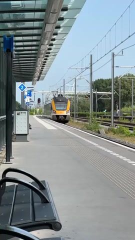 A train is approaching a train station platform on a clear, sunny day. The train is silver with yellow accents, and the NS logo is visible on the front.  The platform has a bench, a trash receptacle, and signage indicating it is platform 2. Overhead wires power the train, and there are trees and vegetation in the background. The train is moving towards the viewer, getting closer to the platform.