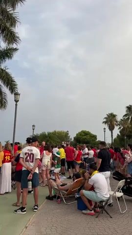 The video shows a crowd of people gathered outdoors, with palm trees and a cloudy sky in the background. Many of the people are wearing red and yellow clothing, suggesting support for a team or event associated with those colors, possibly the Spanish national team given the context of the dialogue. Some individuals are wearing jerseys with numbers and names, including one with "PEDRI 20". People are standing, sitting on the ground and in chairs, and some appear to be talking or watching something. The ground is paved with cobblestones in some areas and covered with grass in others. There are streetlights visible, and a low barrier or railing separates the paved area from the grassy area. The overall atmosphere appears to be one of anticipation or shared experience. The dialogue, spoken in Spanish, refers to "our national team" and expresses excitement about a possible return.