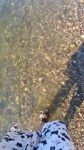 The video shows a person walking in shallow water near a rocky shore on a sunny day. The person is wearing a floral dress and sandals. The water is clear and the bottom is visible, covered in small stones and pebbles. The shoreline is also covered in rocks and pebbles. In the distance, there are trees and a clear blue sky. There are two other people standing on the shore in the distance.