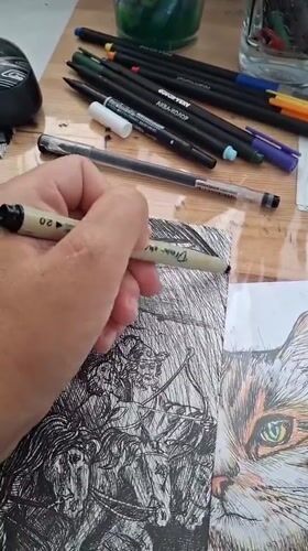 Ink illustration session in progress, with a kitten in attendance