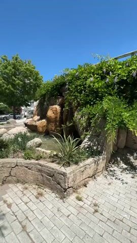 The video shows a small artificial waterfall with water cascading over rocks into a pond. Lush green foliage and some purple flowers surround the waterfall and pond. In the background, there is a large tree, a building, and cars parked on a street. The foreground shows a paved walkway made of interlocking bricks. The sky is clear and blue. The video appears to be filmed on a sunny day. There are no people visible in the video.