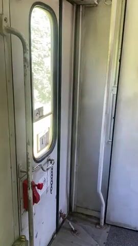 A video shows the interior of a train car. The first shot is a white door with a small, foggy window and metal hardware. The door slides open, revealing green foliage outside the window, creating a blurred effect due to the train's motion. The camera follows the door as it slides, showing the interior of the train, which features grey flooring, red seating, and another person in a leopard print coat. The door slides open and closes, showcasing the interior of the train car and its movement.