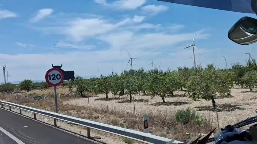 The video captures a view from inside a vehicle traveling along a road. A speed limit sign displaying "120" is prominently visible in the foreground, indicating the allowed speed. Beyond the sign, a large, dark silhouette of a bull stands in a field, likely a landmark or roadside attraction. The landscape features scattered trees and numerous wind turbines in the background, suggesting an open, possibly rural or industrial area. The sky is partly cloudy, with a bright, sunny day. A road sign indicates directions to "La Almunia de Doña Godina" and "Madrid," along with corresponding distances. The camera angle suggests the perspective of a passenger or driver looking out the window.