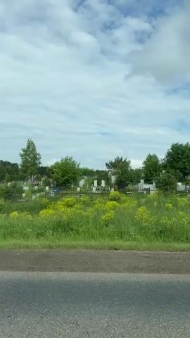 The video shows a view from a vehicle traveling alongside a cemetery. The cemetery contains numerous white headstones and crosses, many of them appearing to be simple. Some of the graves are enclosed by fences, and there are patches of yellow wildflowers growing among the grass within the cemetery grounds. Trees, including pine trees and deciduous trees, are visible both within the cemetery and along the roadside. The sky is partly cloudy, with white clouds against a blue sky. The road in the foreground is asphalt and appears to be somewhat worn. A light pole is visible in the distance on the left side of the frame. There is a flag visible on one of the graves. The overall impression is of a rural cemetery under a cloudy sky.