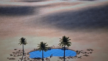 Digital desert oasis scene captured with palm trees, water pool