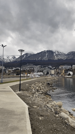 Overcast evening scene captured at Ushuaia waterfront