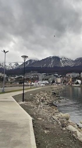 Overcast evening scene captured at Ushuaia waterfront