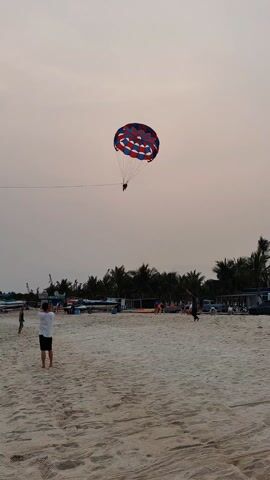 The video shows a beach with several people, palm trees and various small boats and buildings in the background. In the sky a person is parasailing; the parachute is round and decorated with red, white and blue swirls.  One person on the beach is standing facing the parachute, with their arm raised to take a photo or video. Another person is walking across the sand.