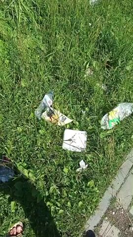 The video shows a playground that is littered with trash. The trash includes plastic bottles, wrappers, and other debris. The playground equipment is visible in the background, and it appears to be in good condition. The ground is covered in grass and a paved walkway. The sky is blue and clear.