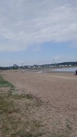 The camera pans slowly from left to right, showing a wide sandy beach on a cloudy day. In the distance, a line of buildings and cranes can be seen on the horizon. Closer to the camera, several groups of people are relaxing on the beach, some sitting and others walking along the shoreline. The water is calm and shallow, with a small sailboat visible in the distance.