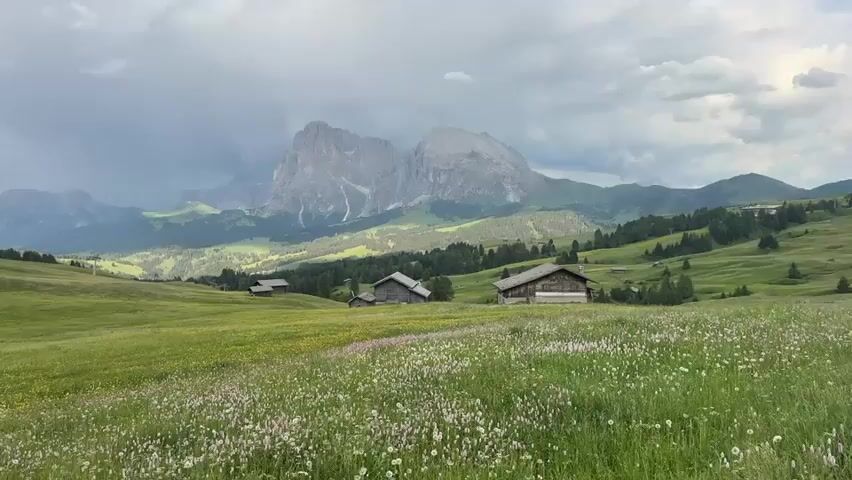 This media file captures a panoramic view of a serene alpine meadow in Kastelruth - Castelrotto, Italy. The scene is dominated by rolling green hills blanketed in wildflowers, with a large expanse of lush grass in the foreground dotted with delicate pink and white blooms. Scattered across the landscape are traditional wooden chalets, their rustic architecture blending harmoniously with the natural surroundings.

In the background, a majestic mountain range rises, its jagged peaks partially obscured by dramatic, cloudy skies. The mountains appear imposing and ancient, their slopes covered in a mix of evergreen trees and grassy patches. The weather suggests a day that might transition into rain, with dark, heavy clouds hanging over the peaks, while lighter clouds drift across the blue sky. This contrast in the sky creates a dynamic and atmospheric backdrop for the tranquil meadow.

The time of day appears to be late afternoon or early evening, given the soft lighting and the moody sky. The overall emotion evoked by the scene is one of peace, solitude, and the raw beauty of nature. The absence of people suggests a remote and untouched landscape, inviting the viewer to imagine a quiet escape into the heart of the Dolomites. There is no visible text in the media file.
