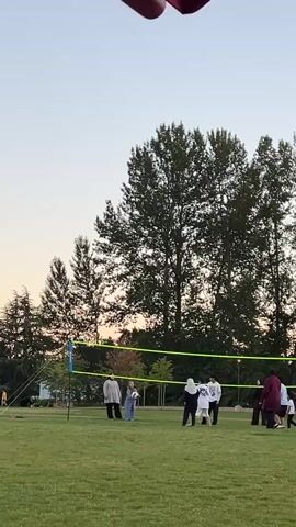 A group of people are playing volleyball in a grassy park. The game is being played in the late afternoon or early evening as indicated by the soft, warm lighting and clear sky. The volleyball net is set up across the middle of the field. Several individuals are dressed in modest clothing, including hijabs, suggesting a Muslim group. The individuals are actively engaged in the game, with some in the process of hitting or receiving the volleyball. The background features a line of tall trees, with a few houses visible in the distance to the left. The overall atmosphere appears to be one of casual recreation and community engagement.