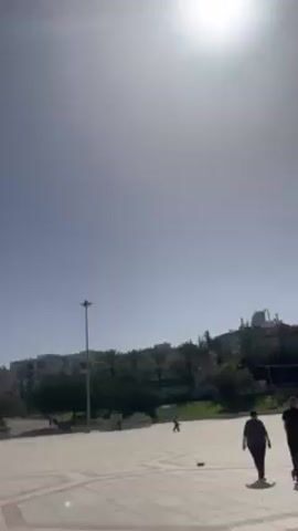 The video shows an outdoor plaza on a sunny day. Several individuals are walking across the plaza. Buildings and trees are visible in the background, along with a light pole. The plaza has a patterned tile surface. The sky is bright and mostly clear.