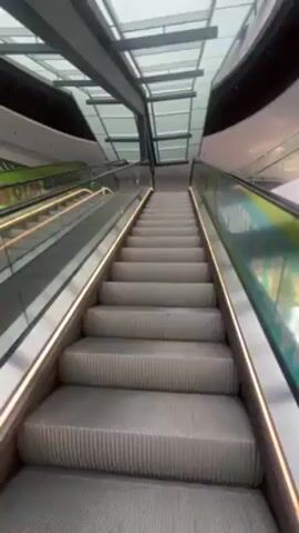 The video shows an upward-moving escalator in a modern building. The escalator has a gray, ribbed tread and is flanked by clear glass panels with illuminated gold trim. The architecture includes a skylight above and curved elements. There are no people visible on the escalator itself.  Advertisements can be seen on the sides of the escalators.