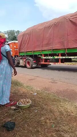 A person standing beside a road with a bowl of food and a water jug observes a large truck driving away. The person, wearing a long, light blue dress, a yellow baseball cap, and a red headscarf, stands on the side of a road. To their right is a grassy area where the bowl of food sits, as well as the jug. A black bag hangs across their chest. The large truck, covered with a tarp, drives away down the road. The sky is visible overhead.