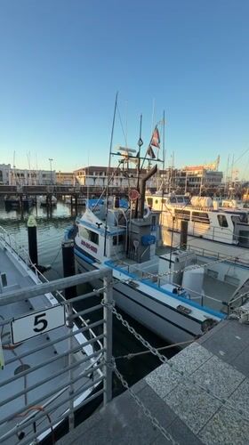 Fisherman's Wharf at night, boats docked and tourist strip lit up