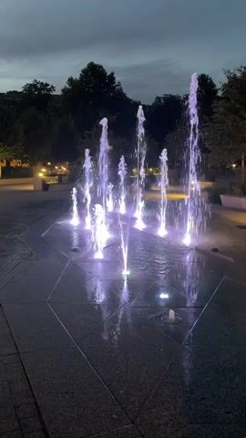 A water fountain display is shown at dusk. The fountain jets are illuminated with purple lights and cast reflections on the wet ground. Trees and buildings are visible in the background. The video is static and focuses on the fountain.