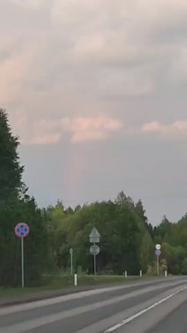 The video shows a road, likely in a rural or semi-rural area. A car passes by on the road. On either side of the road is green foliage, including trees and bushes. Several road signs are visible, including one with two red rectangles and another with a red "X" over a blue circle. The sky is overcast with clouds, some tinged with pink. Power lines run above the trees. The camera seems to be inside a vehicle, looking out through the windshield.