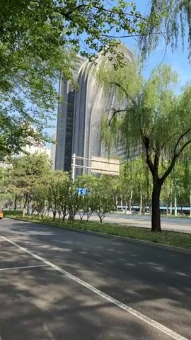 The video shows a street scene on a sunny day, framed by green trees. The most prominent feature is a tall, modern building with a unique, wave-like facade of gray and silver panels. A road runs parallel to the building, and a grassy median separates the road from the building. In the foreground, people on bikes and scooters, a taxi, and other vehicles pass by on the road. The video appears to be taken from a stationary position.