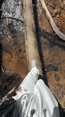 Hiker crosses forest stream on fallen logs near Krasnoyarsk