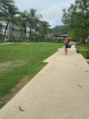 A man in black shorts and no shirt walks down a paved pathway carrying a black bag. The pathway is bordered by green grass and lush tropical plants. To the left of the pathway is a large expanse of grass with palm trees and a multi-story building in the background. To the right of the pathway are more plants and a section of a building with balconies. In one shot, a woman in a purple tank top and patterned shorts stands in front of a similar building.