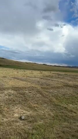 The video captures a wide, open grassy plain under a dramatic sky filled with swirling grey and white clouds, interspersed with patches of bright blue. In the distance, rolling hills form a gentle horizon line. The ground in the foreground is mostly dry, golden-brown grass, with some patches of greener vegetation closer to the bottom edge of the frame.

A thin, vertical white plume is visible in the mid-ground, extending from the earth towards the clouds. This could be a dust devil or a waterspout forming over land, suggesting wind activity. The overall atmosphere is one of vastness and natural forces at play. The time of day appears to be daytime, likely afternoon given the brightness of the sky and shadows. The weather seems changeable, with the heavy clouds hinting at potential rain or stormy conditions. The scene evokes a sense of remote, undeveloped landscape, consistent with a rural or steppe environment like Bakty, Kazakhstan. No people or man-made objects are prominently featured, emphasizing the natural, expansive setting. There is no visible text in the media file.