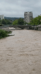Yantra River swells with muddy floodwaters in Gabrovo, Bulgaria