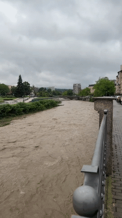 Yantra River swells with muddy floodwaters in Gabrovo, Bulgaria