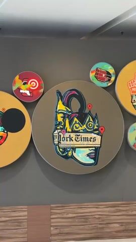 The video shows a wall decorated with several circular art pieces. The art pieces are diverse, featuring colorful and abstract designs, some appearing to be stylized faces or creatures. The wall itself is dark gray, and at the bottom, there is a band of wood-grain textured paneling. The lighting suggests an indoor environment, possibly a commercial space or gallery. There are no people visible in the video. The camera pans slowly across the artwork, providing a view of the arrangement and individual pieces.