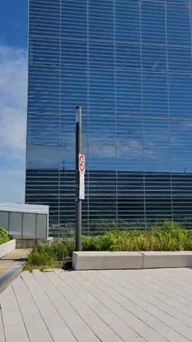 The video pans up and across a modern building with a glass exterior. The building has a grid-like pattern of windows. There are some trees and bushes in front of the building, and a sidewalk or plaza area with picnic tables and benches. In the distance, there are other similar buildings and a blue sky with some clouds. There are no people visible in the first few frames, but in the last frame, one person is walking towards the entrance of the building. There is also a sign on a pole with a red circle and a line through it, indicating a speed limit. The video appears to be taken on a sunny day.
