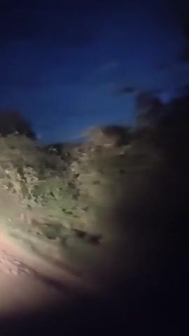 The video shows a blurry, dark scene from the perspective of a vehicle moving at night. The headlights illuminate a dirt road and dense vegetation on either side. The sky is a dark blue with some clouds. The motion blur indicates that the vehicle is in motion. There are no people or clear objects visible in the frame.