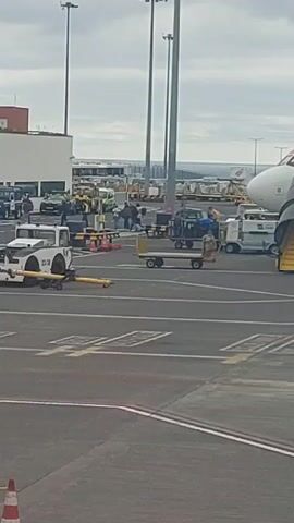 The video pans across an airport tarmac towards an easyJet passenger plane. The plane is white with orange trim, and is connected to a covered stairway. Airport personnel can be seen near the plane, working on and around the airplane. Other airport vehicles and equipment are parked nearby, including a small white tractor. The weather is overcast. A low hill can be seen in the distance.