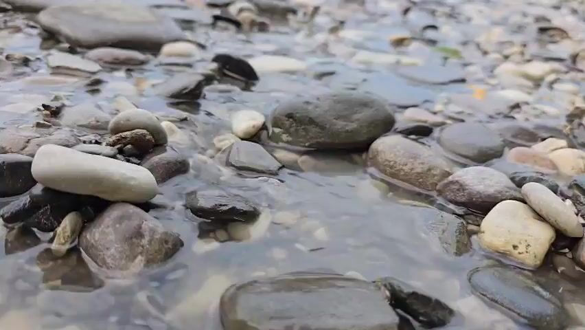 The video shows a close-up of a shallow stream flowing over a bed of smooth, rounded stones. The water is clear and reflects the muted colors of the rocks and the sky. The stones vary in size and color, with shades of gray, brown, white, and black. Some stones are partially submerged, while others are fully visible. The water creates gentle ripples as it moves across the rocks. The focus is on the textures and colors of the natural elements.