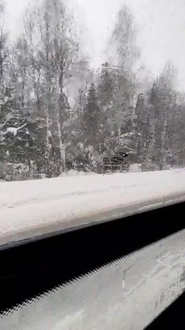 The video shows a view from inside a vehicle, looking out the side window at a snowy landscape. The foreground consists of the partially snow-covered window and the interior of the vehicle, mainly black. Outside, there's a snow-covered ground with bare trees, some of which are evergreens. Snow is falling, obscuring the view somewhat. In the middle ground, there is a partially obscured road sign. The overall scene depicts a winter driving condition, with snow covering the surroundings.