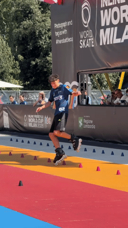 Roller skating slalom competition on a colorful Milan track