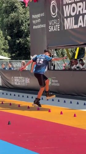 Roller skating slalom competition on a colorful Milan track