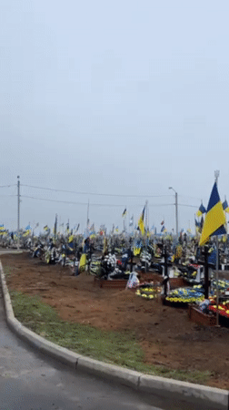 Cemetery in Odesa observed with flags and flowers