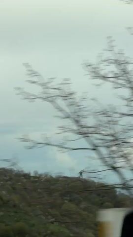 The video shows a view of a mountain range under a cloudy sky, seen through the window of a moving vehicle. The view is partially obscured by branches and the car's frame. At one point, a lone figure is briefly visible standing on the crest of a hill.